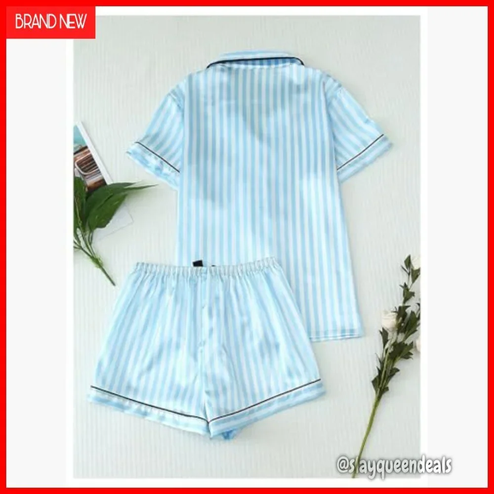 Satin Pajama Set with Button Up Top and Shorts, Striped Silk Pajamas
